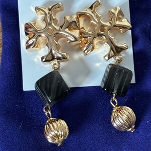 TORY BURCH GOLD ROXANNE DOUBLE DROP STATEMENT EARRINGS